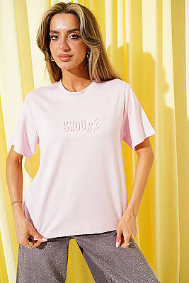 Shouke Kabartmalı T-shirt Pembe - Kadın Giyim Modelleri