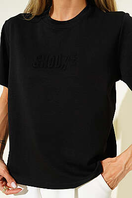 Shouke Kabartmalı T-shirt Siyah - Kadın Giyim Modelleri