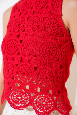 Sıfır Kol Dantelli Bluz Kırmızı - Kadın Giyim Modelleri