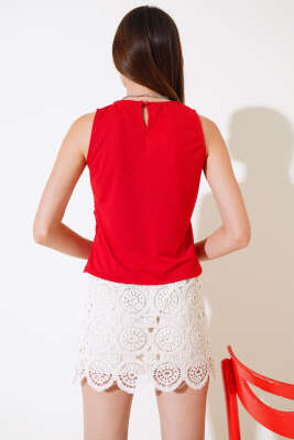 Sıfır Kol Dantelli Bluz Kırmızı - Kadın Giyim Modelleri