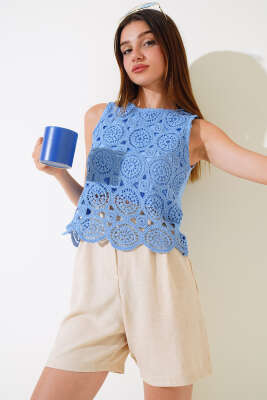 Sıfır Kol Dantelli Bluz Mavi - Kadın Giyim Modelleri
