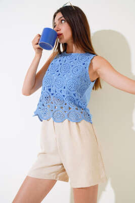 Sıfır Kol Dantelli Bluz Mavi 