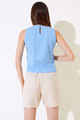 Sıfır Kol Dantelli Bluz Mavi - Kadın Giyim Modelleri