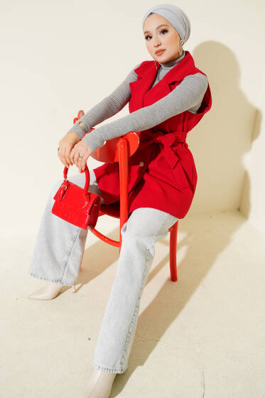 Sıfır Kol Kuşaklı Kaşe Yelek Kırmızı - Yelek