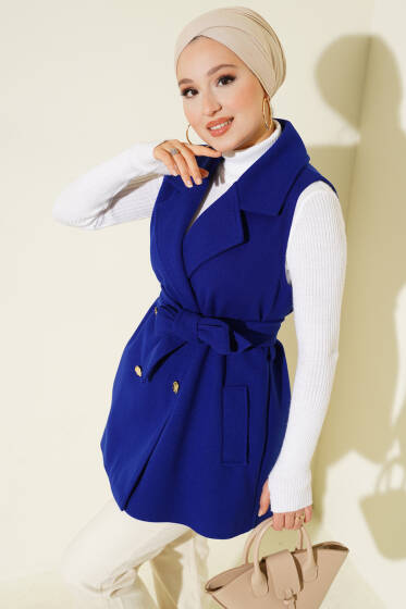 Sıfır Kol Kuşaklı Kaşe Yelek Saks - 700-1000 TL Ürünler