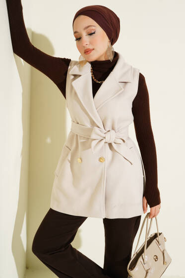 Sıfır Kol Kuşaklı Kaşe Yelek Taş - Yelek