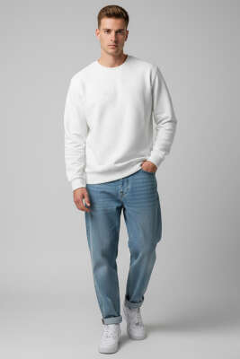  Sıfır Yaka Erkek Sweatshirt Beyaz - Erkek Sweatshirt