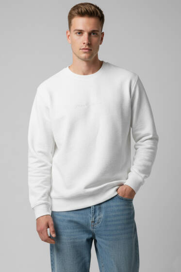  Sıfır Yaka Erkek Sweatshirt Beyaz - Erkek Sweatshirt
