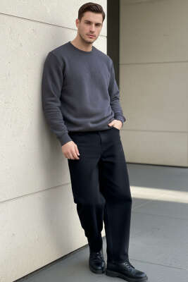  Sıfır Yaka Erkek Sweatshirt Füme - Erkek Sweatshirt