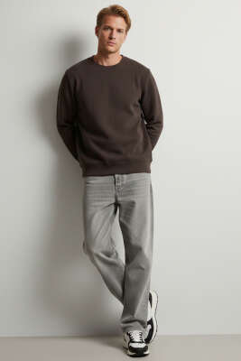  Sıfır Yaka Erkek Sweatshirt Kahve - Erkek Sweatshirt