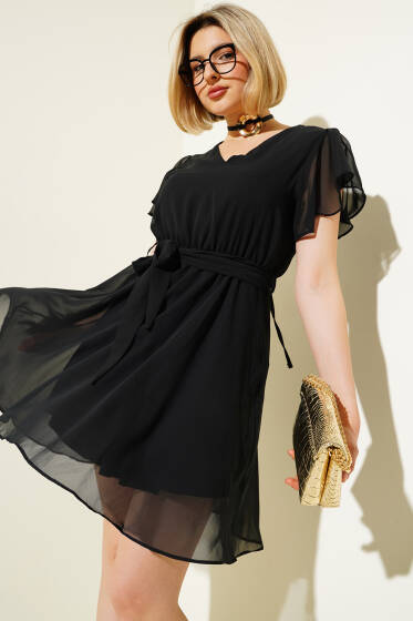 Şifon Belden Bağlamalı Elbise Siyah - Kadın Giyim Modelleri