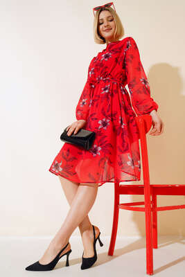 Şifon Çiçek Desenli Elbise Kırmızı - Thumbnail