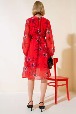Şifon Çiçek Desenli Elbise Kırmızı - Thumbnail