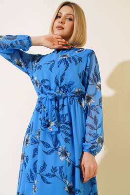 Şifon Çiçek Desenli Elbise Mavi - Kadın Giyim Modelleri