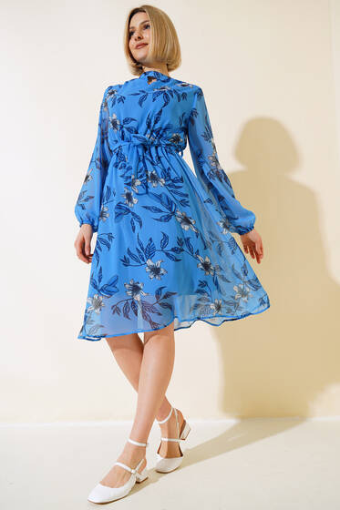 Şifon Çiçek Desenli Elbise Mavi - Yeni Giyim