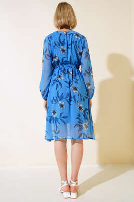 Şifon Çiçek Desenli Elbise Mavi - Thumbnail