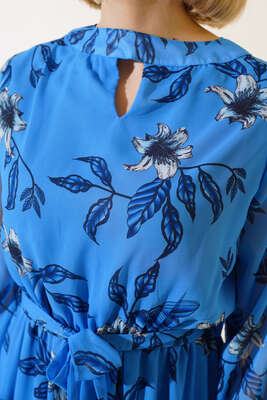 Şifon Çiçek Desenli Elbise Mavi - Thumbnail