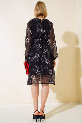 Şifon Çiçek Desenli Elbise Siyah - Kadın Giyim Modelleri