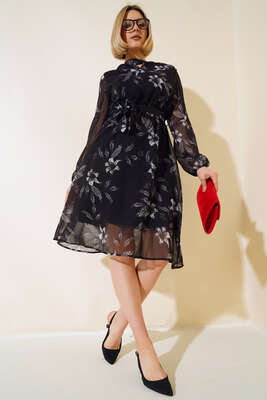 Şifon Çiçek Desenli Elbise Siyah - Thumbnail