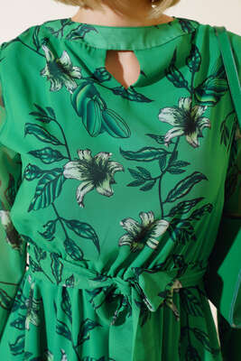 Şifon Çiçek Desenli Elbise Yeşil - Kadın Giyim Modelleri
