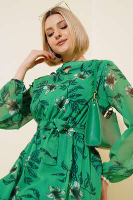Şifon Çiçek Desenli Elbise Yeşil - Thumbnail