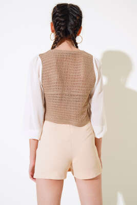 Şifon Detaylı Örme Hırka Latte - Kadın Giyim Modelleri