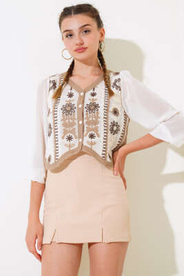 Şifon Detaylı Örme Hırka Latte - Kadın Giyim Modelleri