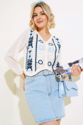 Şifon Detaylı Örme Hırka Mavi - Kadın Giyim Modelleri