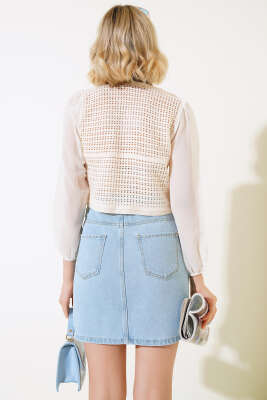 Şifon Detaylı Örme Hırka Mavi - Kadın Giyim Modelleri