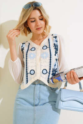 Şifon Detaylı Örme Hırka Mavi - Kadın Giyim Modelleri