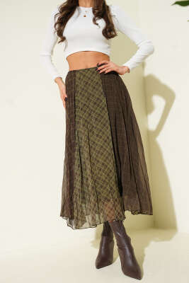 Şifon Ekose Desenli Etek Haki 