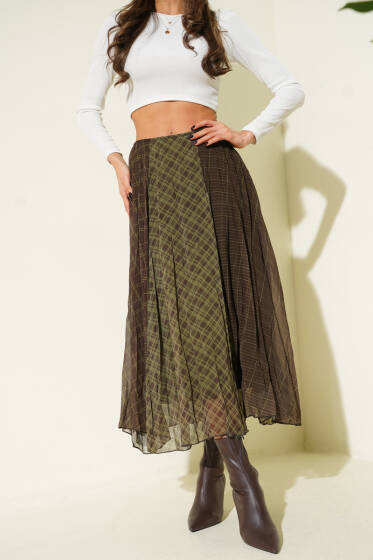 Şifon Ekose Desenli Etek Haki - Kadın Giyim Modelleri