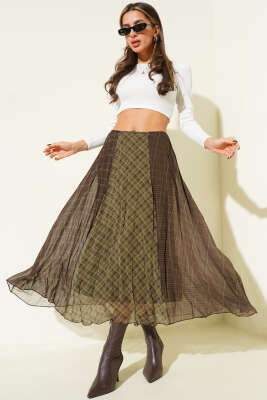 Şifon Ekose Desenli Etek Haki - Kadın Giyim Modelleri