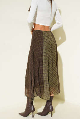 Şifon Ekose Desenli Etek Haki - Kadın Giyim Modelleri