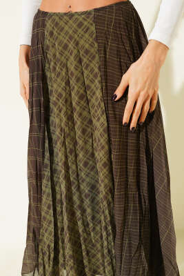 Şifon Ekose Desenli Etek Haki - Kadın Giyim Modelleri