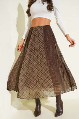 Şifon Ekose Desenli Etek Kahve - Kadın Giyim Modelleri