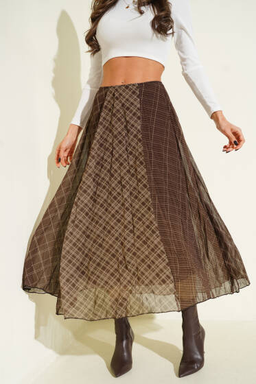 Şifon Ekose Desenli Etek Kahve - Kadın Giyim Modelleri