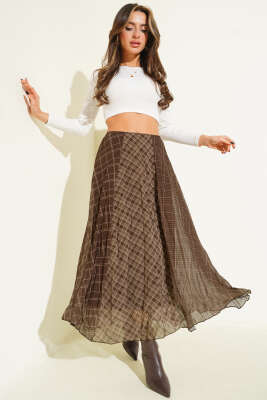Şifon Ekose Desenli Etek Kahve - Kadın Giyim Modelleri