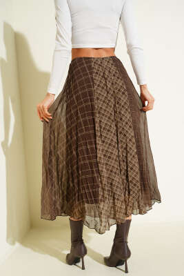 Şifon Ekose Desenli Etek Kahve - Kadın Giyim Modelleri