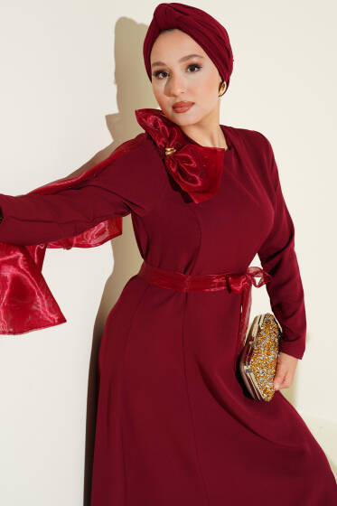 Şifon Fırfırlı Omuz Fiyonklu Abiye Elbise Bordo - Elbise