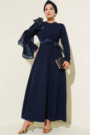 Şifon Fırfırlı Omuz Fiyonklu Abiye Elbise Lacivert - Elbise