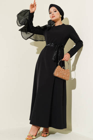 Şifon Fırfırlı Omuz Fiyonklu Abiye Elbise Siyah - Elbise