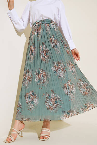 Şifon İnci Aksesuarlı Pliseli Etek Çağla Yeşili - Uzun Etek