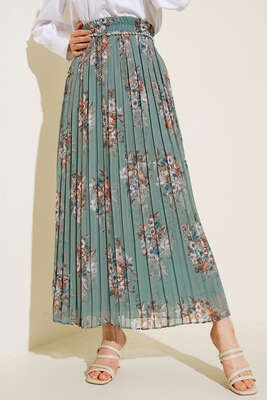 Şifon İnci Aksesuarlı Pliseli Etek Çağla Yeşili - Uzun Etek