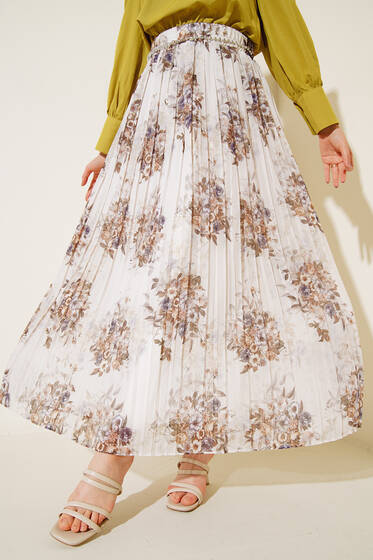 Şifon İnci Aksesuarlı Pliseli Etek Ekru - Uzun Etek