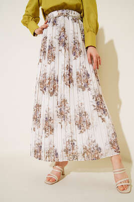 Şifon İnci Aksesuarlı Pliseli Etek Ekru - Uzun Etek