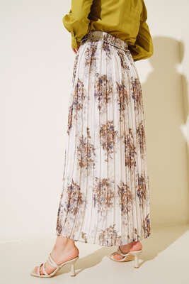 Şifon İnci Aksesuarlı Pliseli Etek Ekru - Uzun Etek