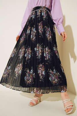 Şifon İnci Aksesuarlı Pliseli Etek Siyah 