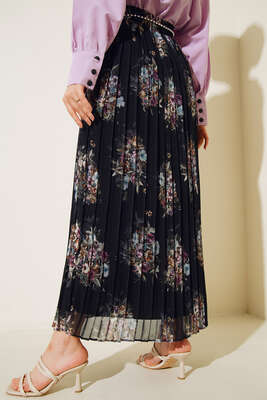 Şifon İnci Aksesuarlı Pliseli Etek Siyah - Uzun Etek