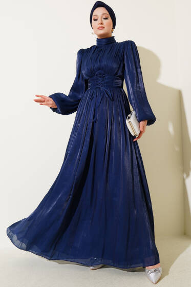 Şifon İp Bağlamalı Piliseli Abiye Elbise Lacivert - Elbise